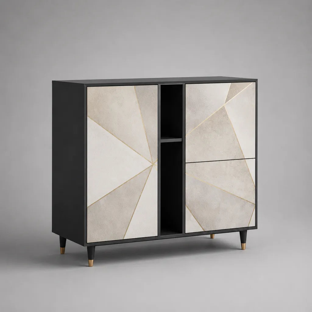 Sideboard aus Spanplatte mit 1 Tür, 2 Schubladen und 2 offenen Fächern, Schwarz/Beige/Goldfarben, 120 × 40 × 110 cm