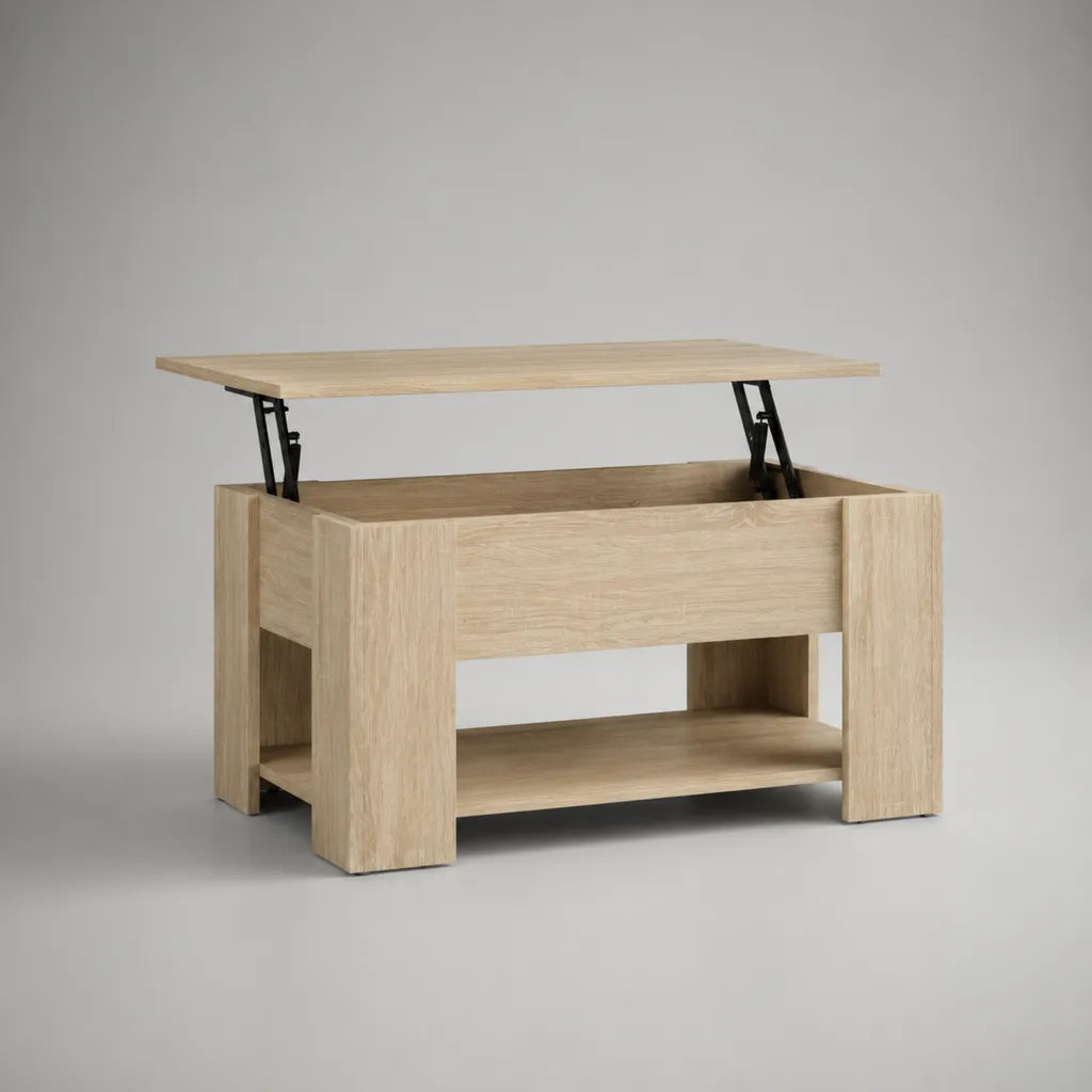 Couchtisch mit Hubfunktion aus melaminbeschichteter Spanplatte, Staufach und Ablage, Eiche Natur und Schwarz, 100 x 50 x 50 cm