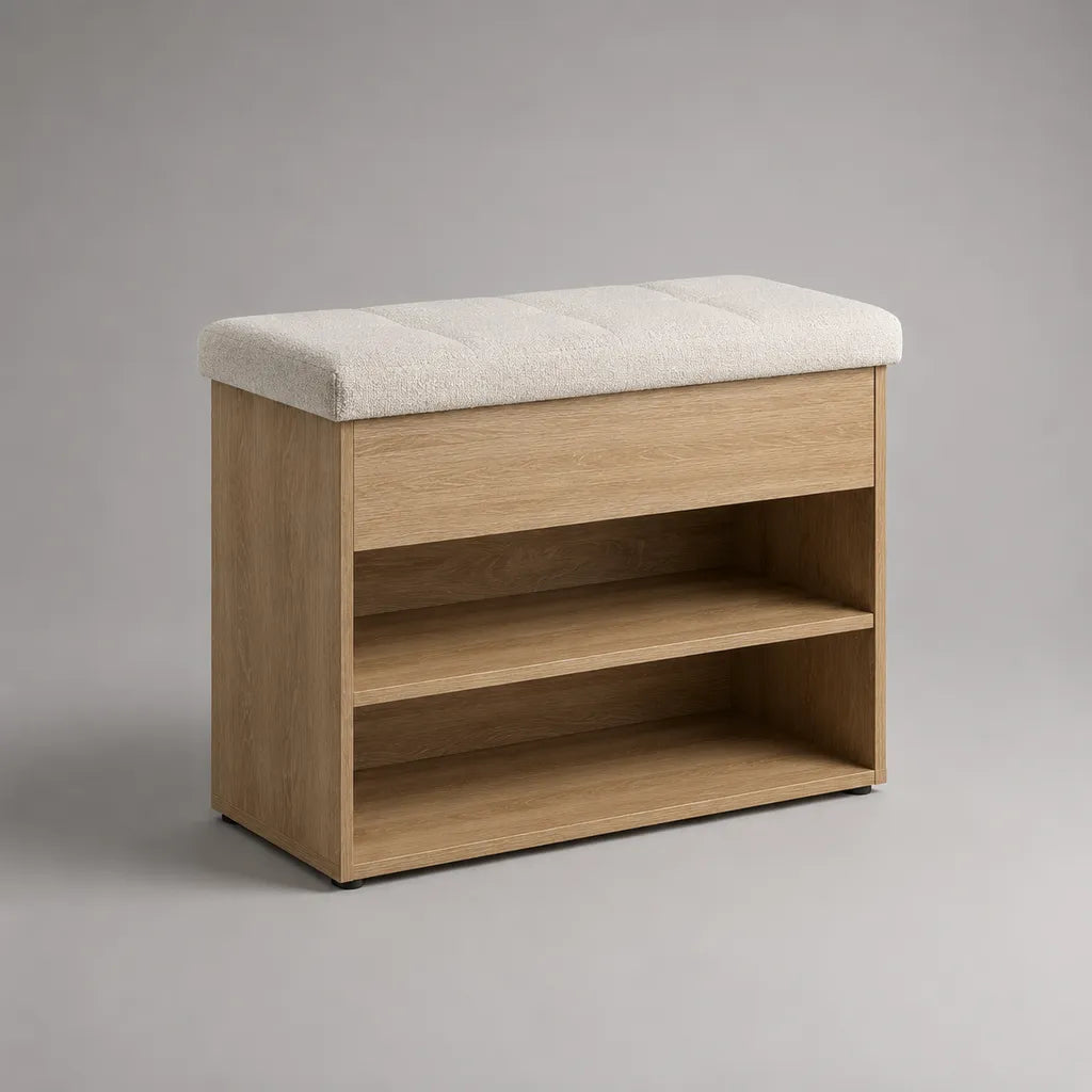 Schuhbank mit Sitzpolster und 2 offenen Fächern aus Spanplatte, Eiche-Dekor, Natur/Beige, 80 × 35 × 55 cm