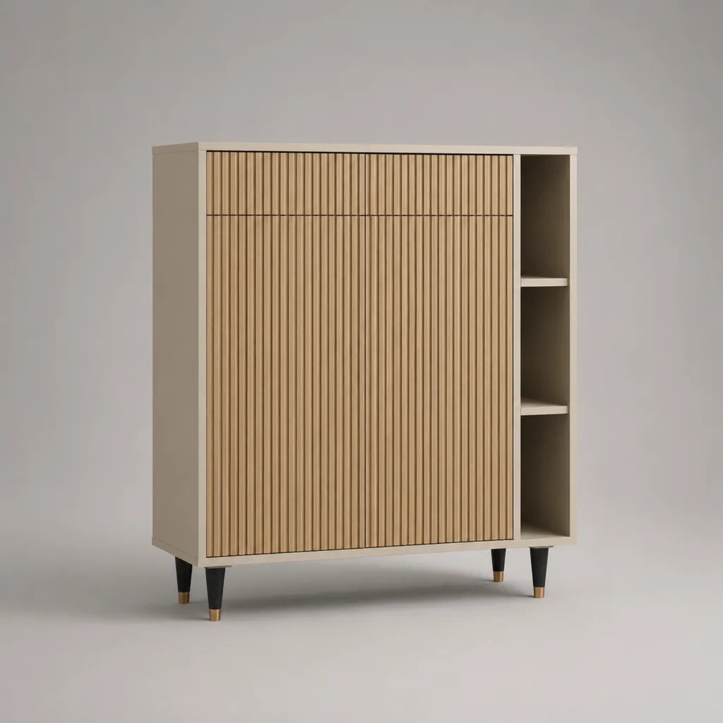 Sideboard aus MDF und Spanplatte mit Lamellenfront, Beige und Natur, 120 × 40 × 140 cm