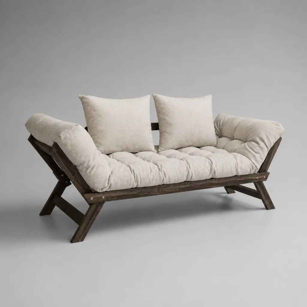 2-Sitzer-Sofa aus massivem Kiefernholz mit Polyesterbezug, Creme/Dunkelbraun, 190 × 85 × 85 cm