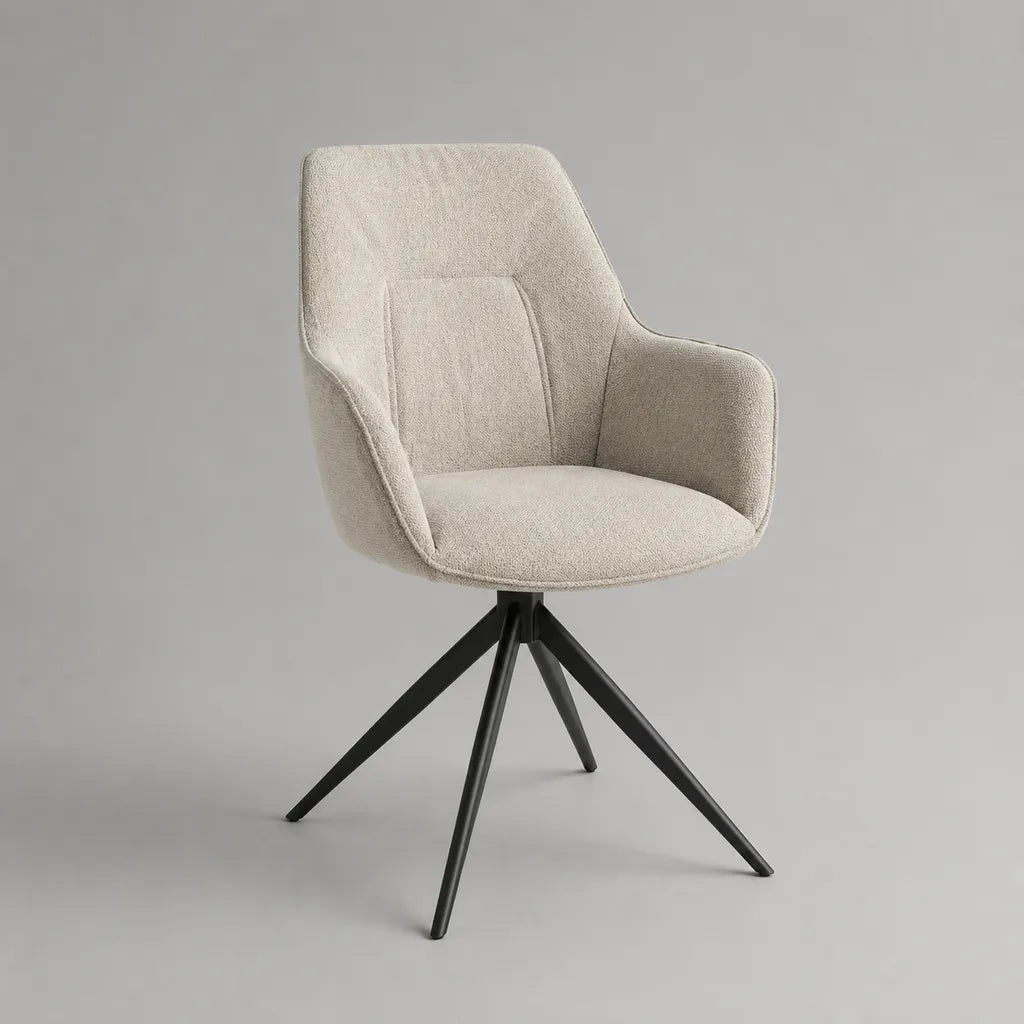 Esszimmerstuhl mit Armlehnen, drehbar, aus Polyester-Bouclé und Stahl, Beige/Schwarz, 59 × 62 × 84 cm