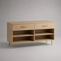Schuhschrank aus MDF mit 2 Schubladen und 4 offenen Fächern, Eichefarben/Goldfarben, 120 × 35 × 80 cm
