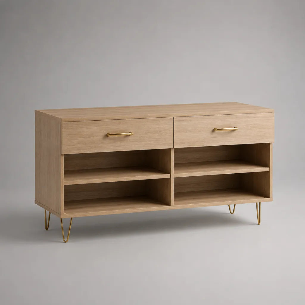 Schuhschrank aus MDF mit 2 Schubladen und 4 offenen Fächern, Eichefarben/Goldfarben, 120 × 35 × 80 cm