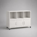 Sideboard aus Stahl mit Rollen, 3 Türen und 3 offenen Fächern, Weiß, 120 × 40 × 90 cm