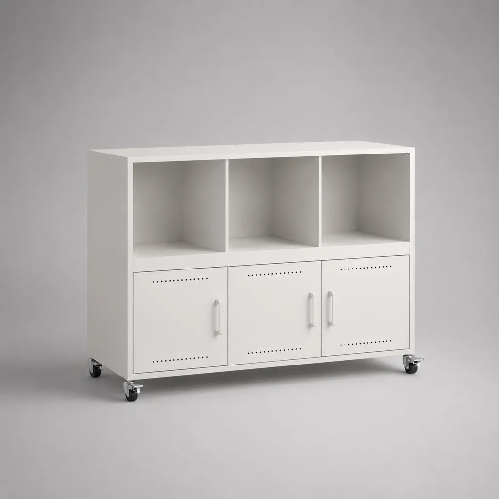 Sideboard aus Stahl mit Rollen, 3 Türen und 3 offenen Fächern, Weiß, 120 × 40 × 90 cm