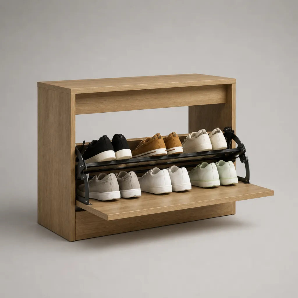 Schuhschrank mit Klappe, 2 Ablagen aus Spanplatte und Stahl, Eichefarben/Schwarz, 100 × 35 × 80 cm