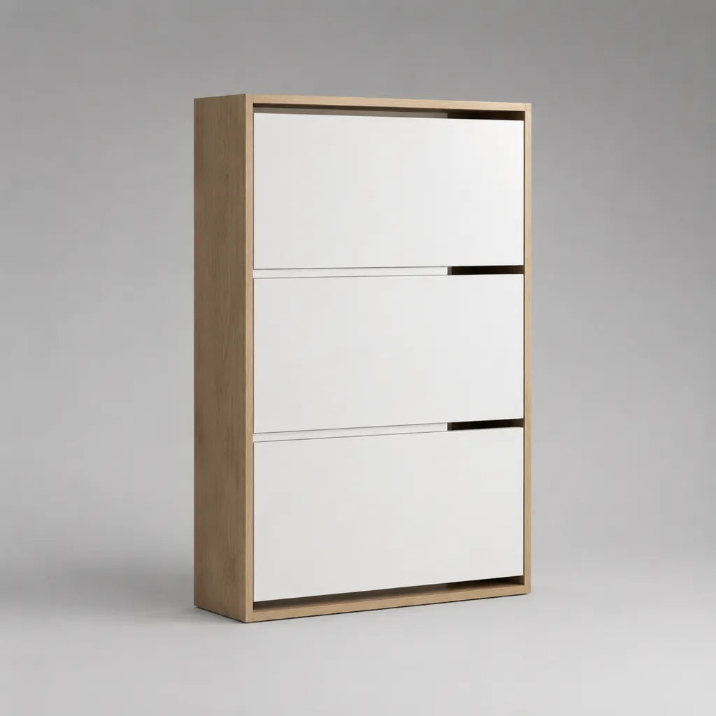 Schuhschrank aus Spanplatte mit 3 Klappen, Weiß/Eiche, 60 × 24 × 120 cm