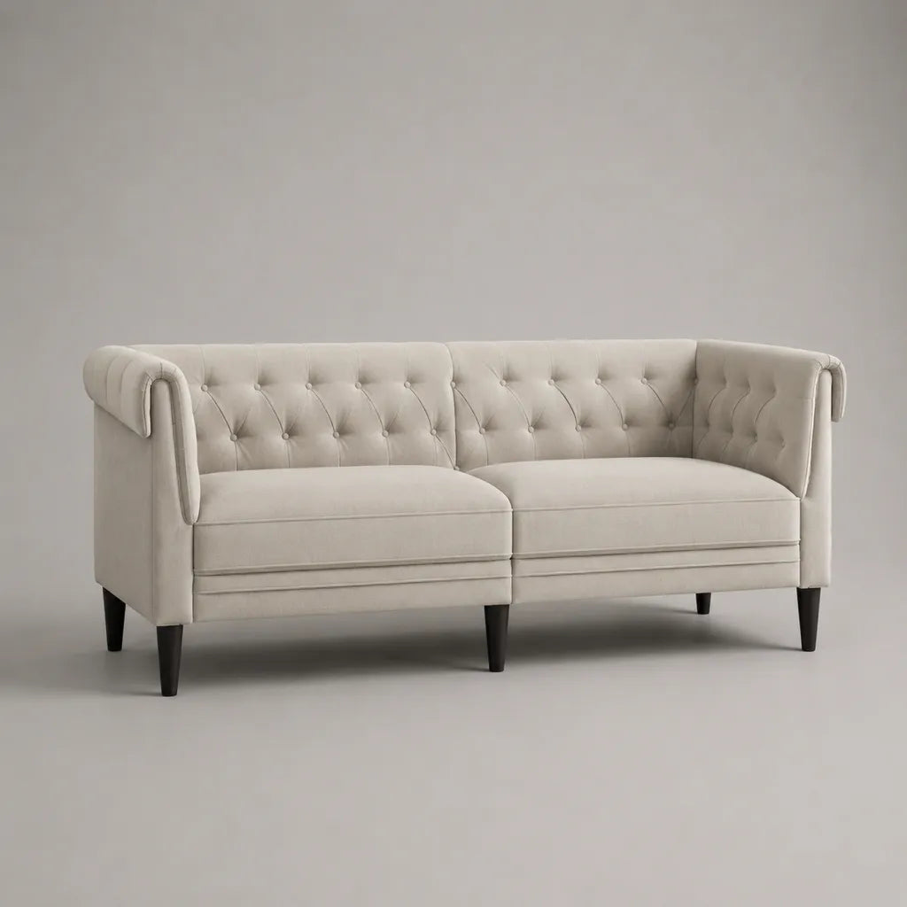 3-Sitzer-Sofa aus Polyestersamt mit Knopfheftung, Creme, 190 × 82 × 78 cm