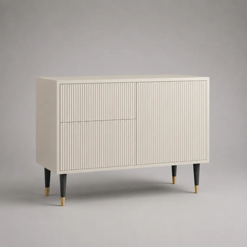 Anrichte aus MDF mit 2 Schubladen und 1 Tür, Rillenfront, Creme, 100 × 40 × 80 cm