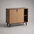 Sideboard mit 2 Türen und 2 offenen Fächern, MDF und Rattangeflecht, Walnussbraun und Naturbeige, 100 × 40 × 90 cm