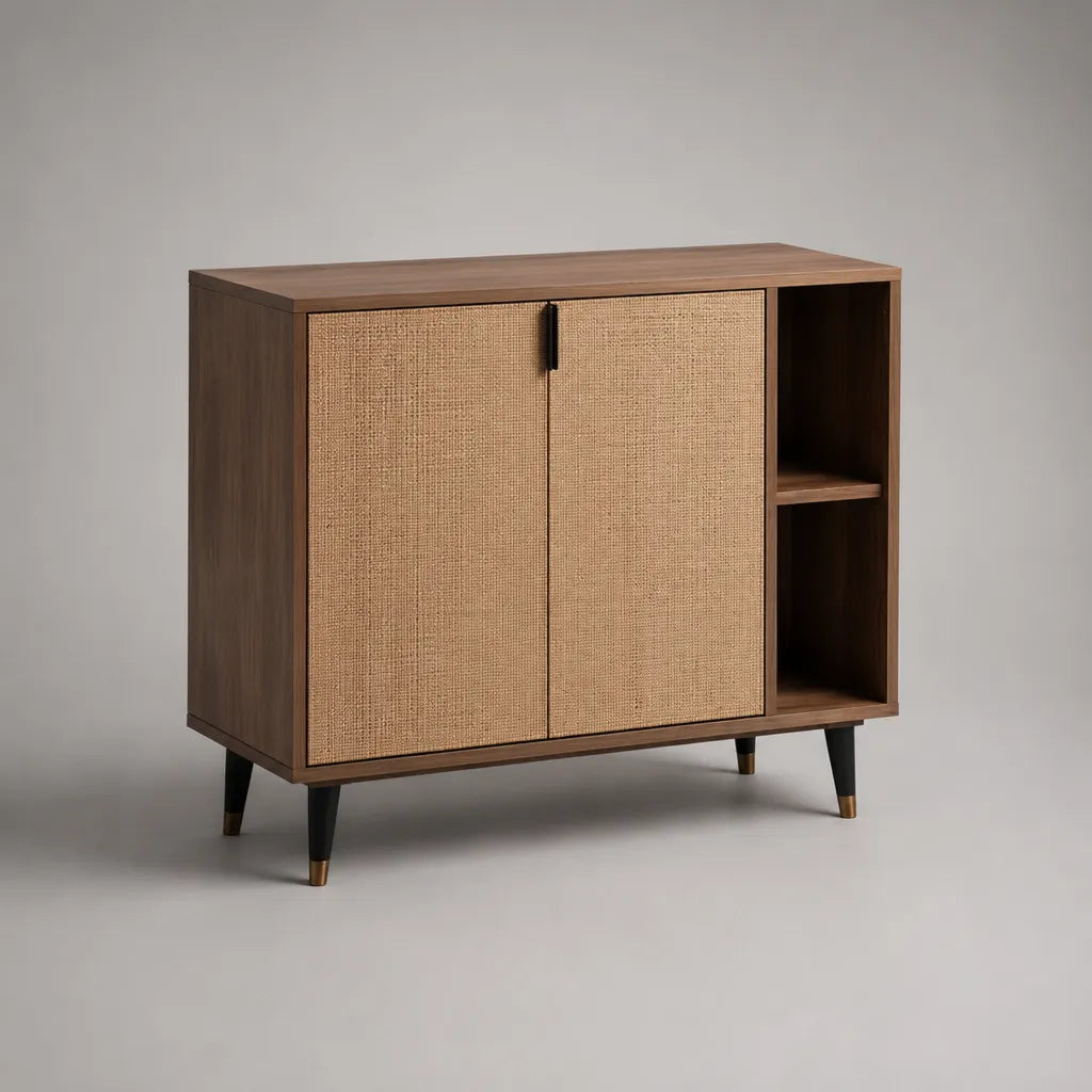 Sideboard mit 2 Türen und 2 offenen Fächern, MDF und Rattangeflecht, Walnussbraun und Naturbeige, 100 × 40 × 90 cm
