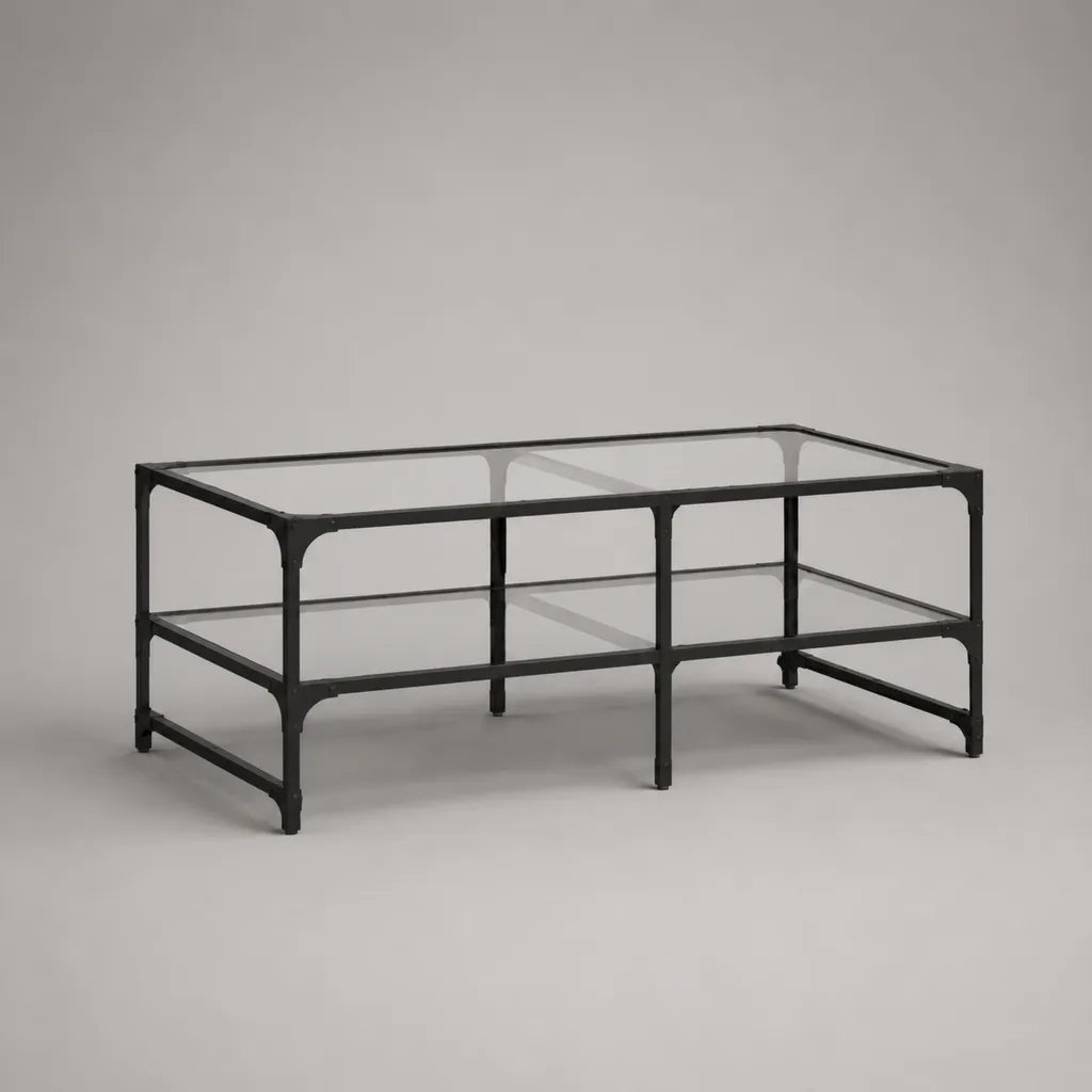Rechteckiger Couchtisch aus Stahl und Glas mit Ablage, Schwarz/Transparent, 100 × 60 × 45 cm