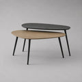 2-teiliges Couchtisch-Set aus MDF mit Eichenfurnier und Stahl, organische Form, Braun/Schwarz, 100 × 55 × 42 cm und 100 × 40 × 48 cm