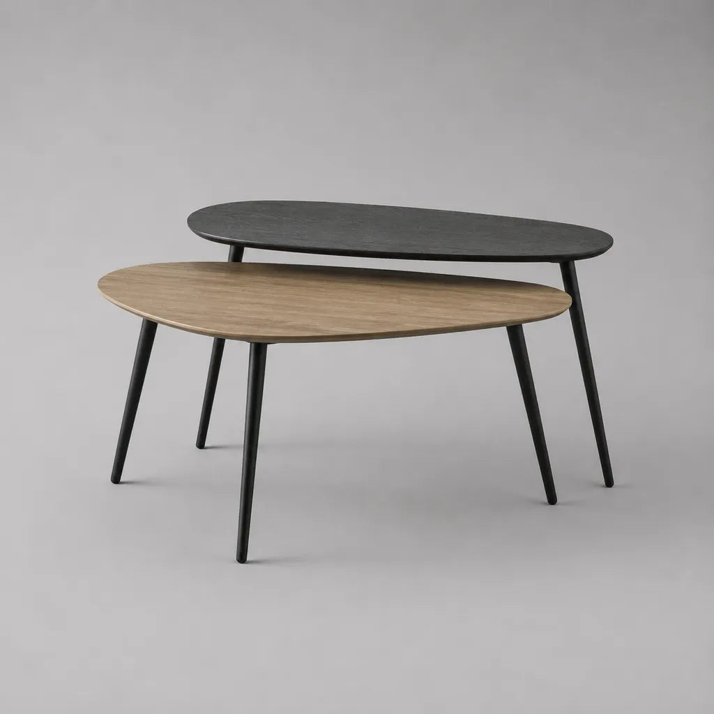 2-teiliges Couchtisch-Set aus MDF mit Eichenfurnier und Stahl, organische Form, Braun/Schwarz, 100 × 55 × 42 cm und 100 × 40 × 48 cm